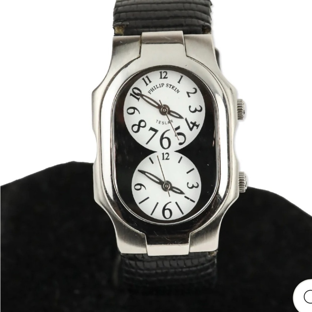PHILIP STEIN TESLAR WATCH W- BLACK LIZARD EMBOSSED LEATHER BAND